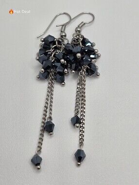 Black Crystal Cluster Chandelier Drop Earrings Silver Tone Sparkly Dangle 2.5"